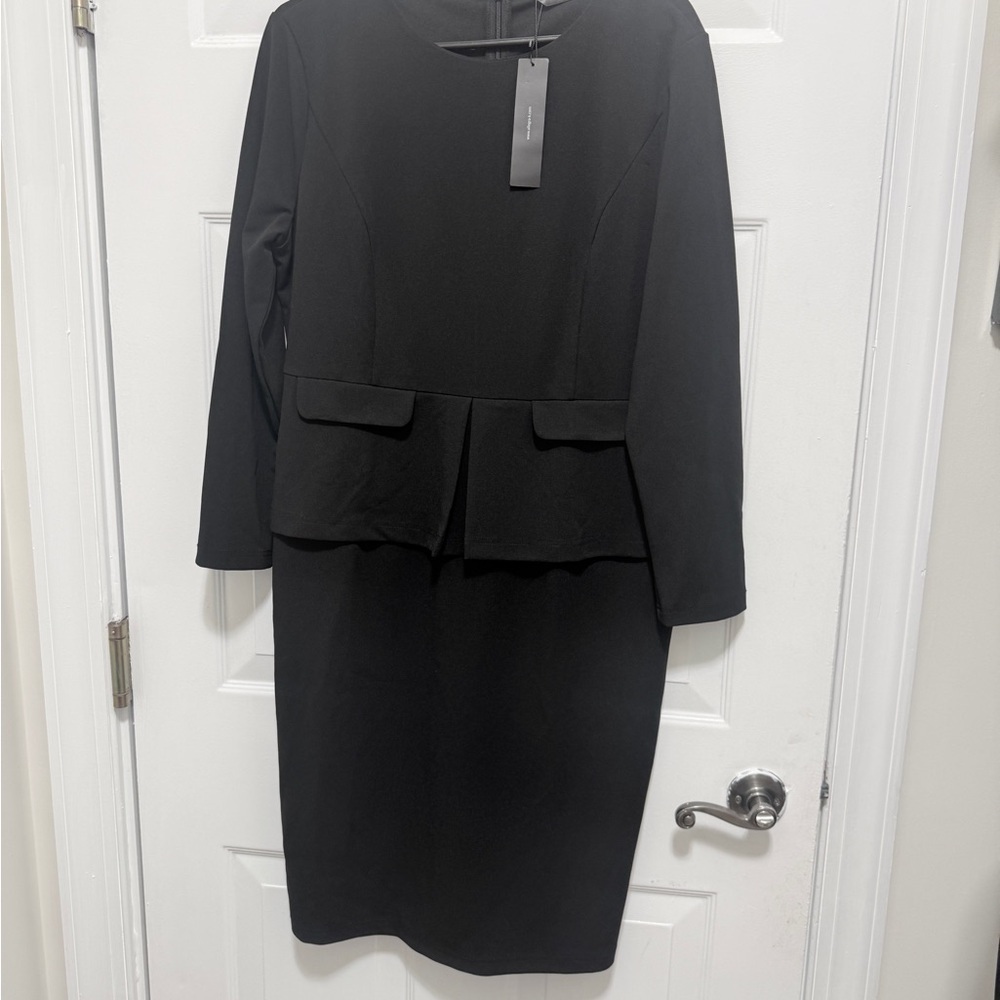 Allegra K Black Long-Sleeve Peplum Sheath Dress. Chic and slim fit.
